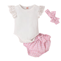 Lace Sleeve Sunken Stripe Romper Plaid Bag Fart Pants Hair Band Girls Suit