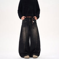 Retro Washed Cat Beard Design Black Machete Jeans