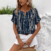 Women's V-Neck Loose Fit Printed Short Sleeve Shirt - Casual European American Style Top