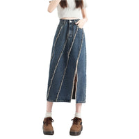 Khaki High-Waisted Raw-Hem Slit Denim Skirt Womens Summer