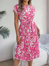 Women's Elegant Floral Print Short Sleeve Flowy Pleated Dress