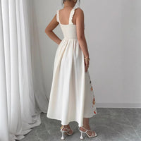 European And American Style French Cut-Waist Floral Embroidery Sleeveless Maxi Dress
