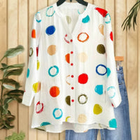 Women's Basic White Colorful Circle Groovy V-Neck Long Sleeve Shirt