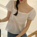 Wood Ear Mushroom-patterned Ruffled-trim Square-neck Puffed-sleeve Shirt