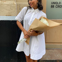 Turn-down Collar Short-sleeve Shirt Loose-waist Dress For Women