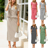 Womens Lapel T-shirt And Slit Skirt 2-piece Set