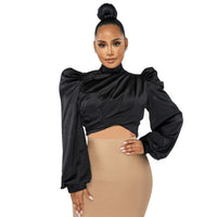 Women's Wear Puff Sleeve High Neck Short Artificial Silk Top