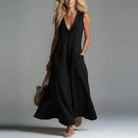 Patchwork Pocket Deep V-Neck Solid Color Casual Dress
