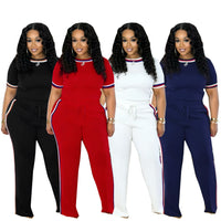 European And American SpringSummer Fashion Womens Trendy Patchwork Ribbed Contrasting Color Casual Two-Piece Set