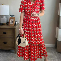 V-Neck Fashionable Elegant Stretch Waistline Polka-Dot Printed Maxi Dress