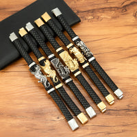Gold And Steel-Colored Leopard-Pattern Dragon Pi Xiu Stainless Steel Leather Magnetic-Clasp Mens Bracelet