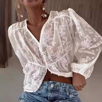 Women's U-neck Loose Embroidered Long-sleeved Shirt
