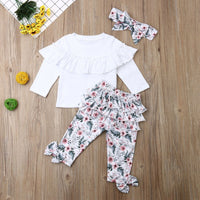 Girls' Lace Blouse With Multi-layer Printing Trousers And Flower Head Suit