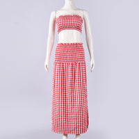 Sexy Bandeau Top And Long Skirt Set With Ruching Detail Plaid Pattern Two-Piece