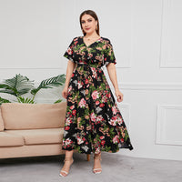 French-style Elegant Plus-size White Ink-wash Floral V-neck Short-sleeve Waist-cinched Maxi Dress