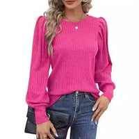 Rib Fabric Round Neck Bubble Shoulder Long Sleeve T-shirt Top