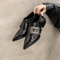 Women's Patent Leather Pointed Toe Block Heel Deep Vamp Pumps, Rhinestone Square Buckle Fashion Shoes, Versatile Commuter Elegant High Heels