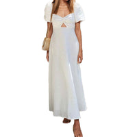 Solid-color Bubble-sleeved A-line Waist-cinched Dress