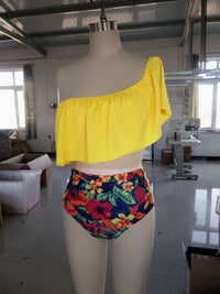 Sexy one-shoulder ruffle print swimsuit