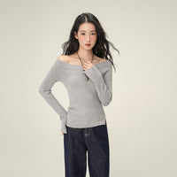 Pure Desire Oblique Angle Shoulder Soft Knit Sweater Base Shirt