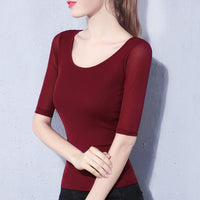 Women's Elegant Scoop Mesh T-shirt Solid Color Waist Stretch Top