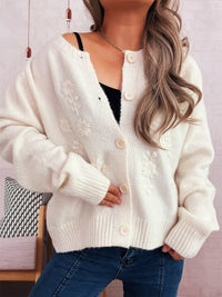 Simple Casual Flower Cardigan Round Neck Long Sleeve Sweater