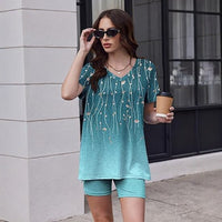 Shorts Two-Piece Casual Loungewear Set With Plant And Flower Patterns