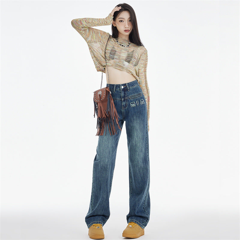 Women's Straight Jeans Dark Blue Embroidered Letters