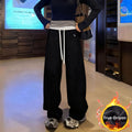 Embroidered Color-block High-waist Fleece Wide-leg Pants Women