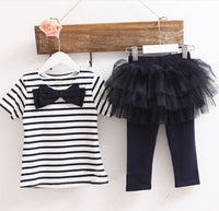 New Summer Striped Bow Girl-net Short Sleeve Set T-shirt 7 Skirt Pants