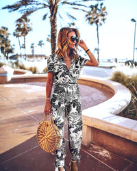Printed V-neck short sleeve jumpsuit for women