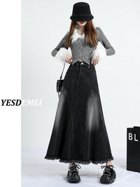Black Denim Skirt Women's Irregular Mid-length A- Line Version Burrs Slimming