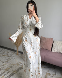 European And American Spring High-End French-Style V-Neck Satin Printed Maxi Dress