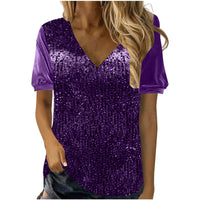 V-neck Loose Sequin Short-sleeve Top T-shirt