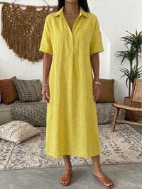 Straight-cut Comfortable Linen Short-sleeve Dress With A Polo Collar