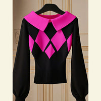 European Goods Western Style Unique Chic Niche Idle Style Black Diamond Plaid Sweater