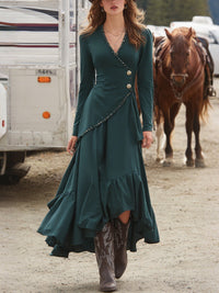 Figure-flattering Long-sleeve Dress With An Asymmetrical Ruffled Hem
