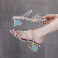 Women's Korean Style Slide Sandals Summer Outdoor Wear Chunky Heel Fashion Rhinestone Sandals 2026 New Trendy Mid Heel Single Strap Women's Shoes