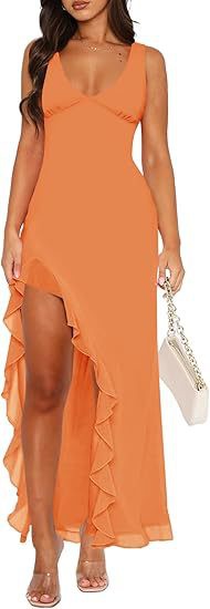 V-neck Hemline Dress Sleeveless Womens Clothing With A Letter-print Ruffled Trim