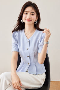 Lady Temperament V-neck Puff Short Sleeve Solid Color Slim Fit Slimming Shirt