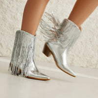 Sexy Sequin Tassel Pointed-Toe Chunky-Heel Ankle Boots For Women