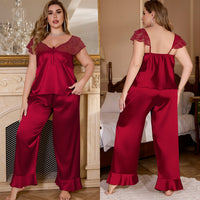 Plus Size Ic Silk Womens Summer Lace Sexy Short Sleeve Pants Loungewear Set