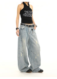 Summer American Retro Washed Distressed Loose Straight Leg Wide Leg Pants