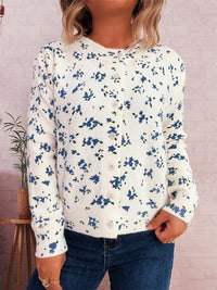Simple Flower Print Cardigan Commuter Round Neck Knitted Sweater
