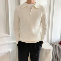Turn-down Collar Knitted Polo Sweater With Thermal Ribbed Design