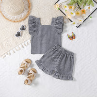 Wooden Ear Sleeveless Vest Shirt Shorts Two-piece Set Infant Plaid Suit