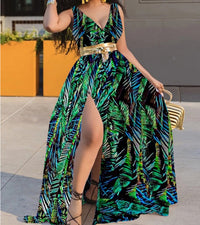 Printed Waist-cinching Mid-rise Elegant Maxi Dress With A Sexy Slit And An Optional Belt