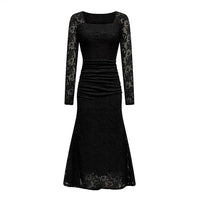 Elegant Lace-Patchwork Square-Neckline Slimming Pleated Maxi Dress