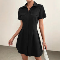 Mid-length Designer-style Pleated Waist-cinched Shirt Dress With A Lapel Collar