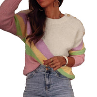 Elegant Holiday Round Neck Shoulder Button Striped Colored Pullover Sweater